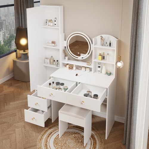 Makeup Vanity Set with Mirror and Storage for Teenagers in White
