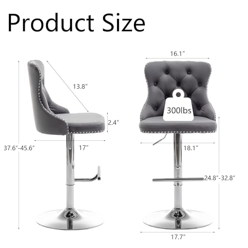 Grey Velvet Swivel Bar Stools Set of 2 for Kitchen Island, Pub, Club
