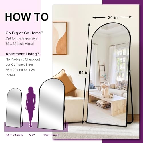 Full Body Mirror, 64x24, Black Arched Frame, Free Standing or Wall Leaning