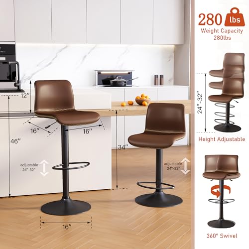 Swivel Counter Height Bar Stools with Back, Adjustable 24 to 32, Brown Faux Leather - Set of 2