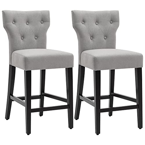 Set of 2 Gray Fabric Barstools with Wood Legs - 25 inch Counter Height for Home Use