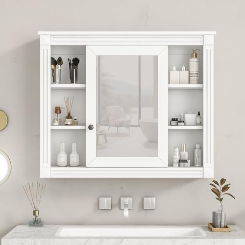 Modern Medicine Cabinet with Mirror and 6 Open Shelves for Bathroom and Kitchen, White