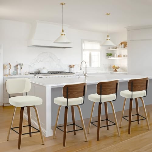 Set of 4 Swivel Barstools for Kitchen Counter, 26 Upholstered Faux Leather with Back and Bent Wood Legs - Cream White