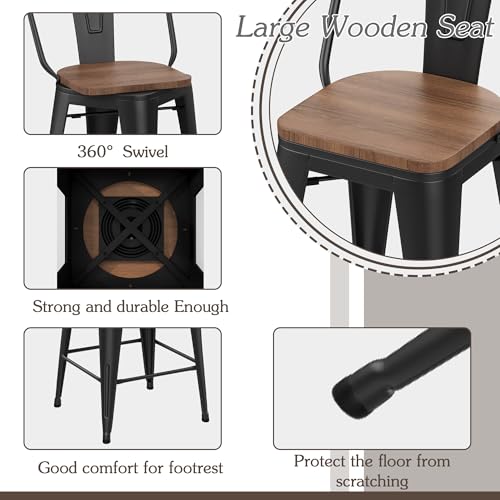 Set of 4 Swivel Metal Bar Stools with High Back and Large Wooden Seat