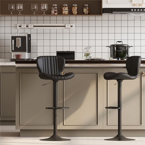 Modern Leather Bar Stools Set of 2 for Kitchen, Black