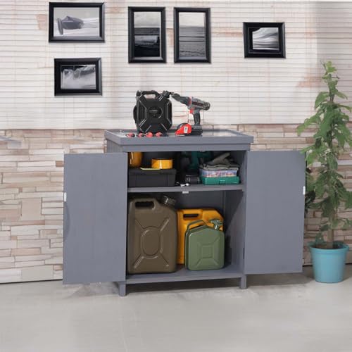 CDT MEDIA Outdoor Tool Shed with Galvanized Top and 2 Shelves for Yard Tools or Pool Accessories, Gray