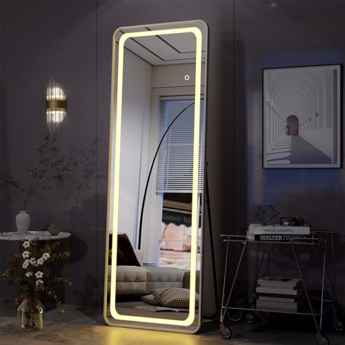 Full Length LED Mirror with Stand for Living Room and Cloakroom, White (63x20)