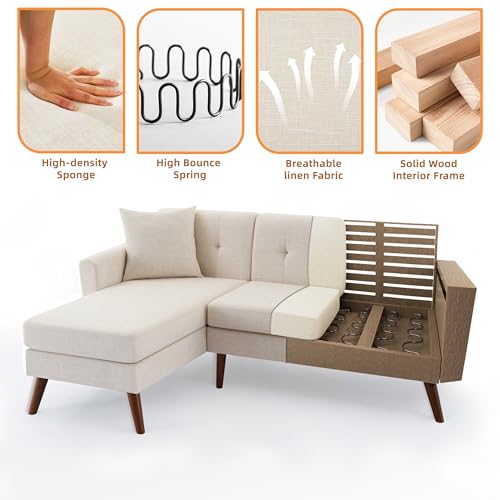 Mid-Century Modern L-Shaped Sofa with Chaise Lounge for Living Room and Bedroom