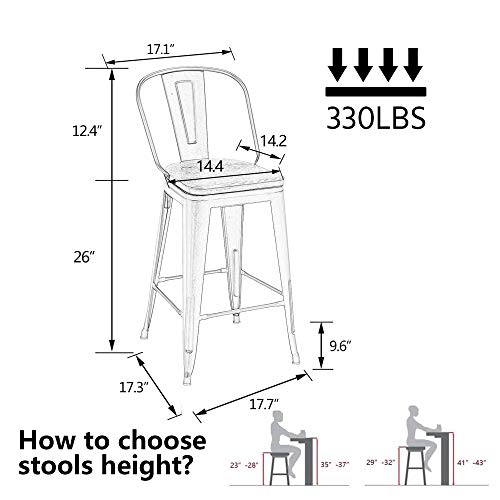 Set of 4 Swivel Metal Bar Stools with High Back and Large Wooden Seat