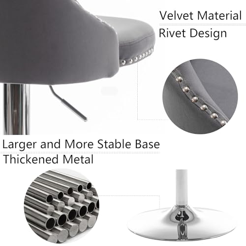 Grey Velvet Swivel Bar Stools Set of 2 for Kitchen Island, Pub, Club