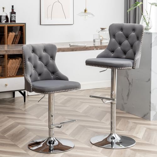 Grey Velvet Swivel Bar Stools Set of 2 for Kitchen Island, Pub, Club