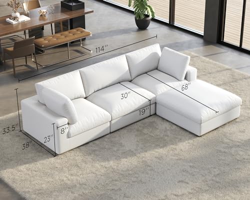 Oversized Down Filled Modular Sectional Sofa, 4 Seats L Shaped Couch with Chaise, Ottoman - Comfy White Linen Couch Set for Living Room