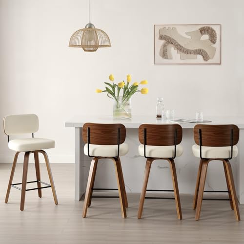 Set of 4 Swivel Barstools for Kitchen Counter, 26 Upholstered Faux Leather with Back and Bent Wood Legs - Cream White