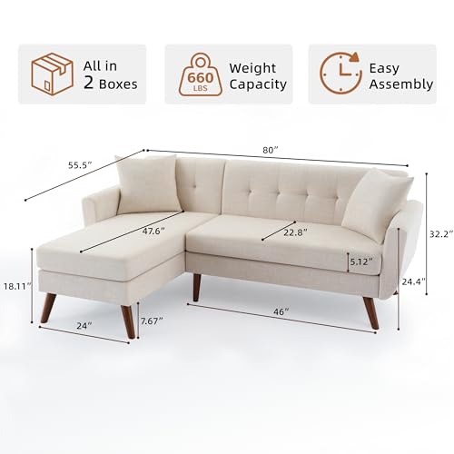 Mid-Century Modern L-Shaped Sofa with Chaise Lounge for Living Room and Bedroom