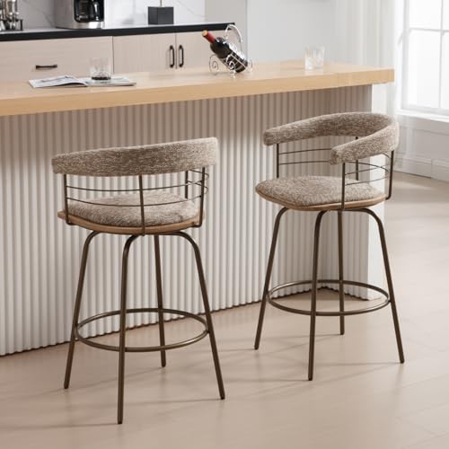 Set of 2 Mid-Century Swivel Bar Stools for Kitchen Island, 26 Inch Counter Height in Khaki Chenille Fabric