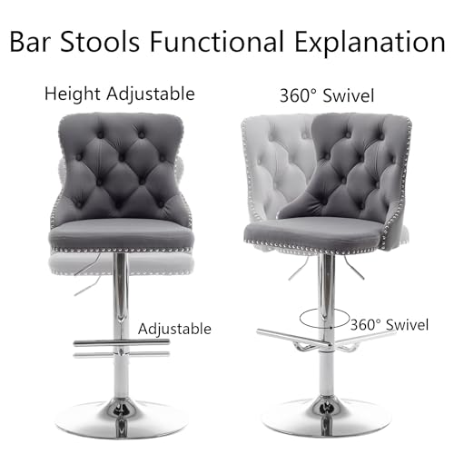 Grey Velvet Swivel Bar Stools Set of 2 for Kitchen Island, Pub, Club