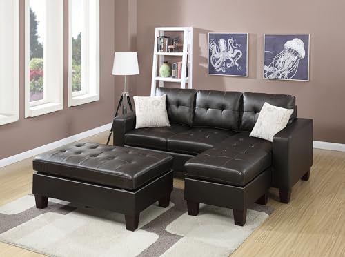 Classic Leather Reversible Sectional Sofa with Tufted Ottoman Chaise