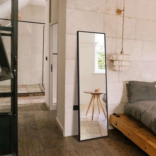 Full Length Standing Mirror for Bedroom and Living Room - Black Aluminum Frame (56x15)