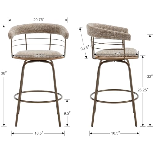 Set of 2 Mid-Century Swivel Bar Stools for Kitchen Island, 26 Inch Counter Height in Khaki Chenille Fabric