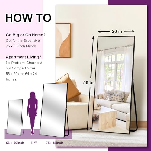 Black Full Length Mirror, 56x20, Free Standing or Wall Leaning Floor Mirror