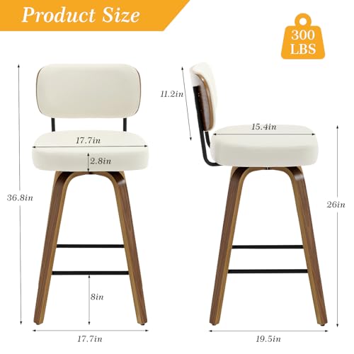 Set of 4 Swivel Barstools for Kitchen Counter, 26 Upholstered Faux Leather with Back and Bent Wood Legs - Cream White