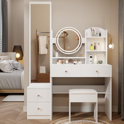 Makeup Vanity Set with Mirror and Storage for Teenagers in White