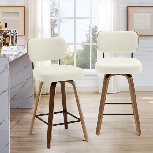 Mid Century Modern Swivel Bar Stools for Kitchen Counter, 26 Height, Cream White