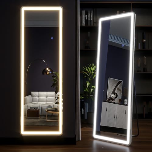 Full Length LED Mirror with Stand for Living Room and Cloakroom, White (63x20)