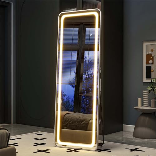 Full Length LED Mirror with Stand for Living Room and Cloakroom, White (63x20)