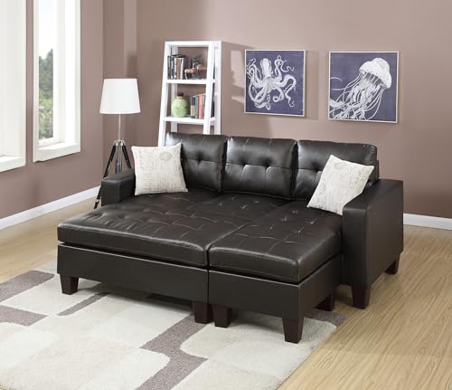 Classic Leather Reversible Sectional Sofa with Tufted Ottoman