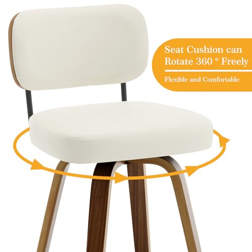 Set of 4 Swivel Barstools for Kitchen Counter, 26 Upholstered Faux Leather with Back and Bent Wood Legs - Cream White