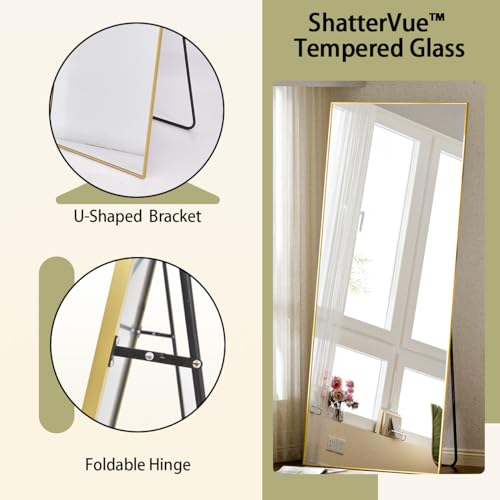 Full Length Floor Mirror with Thin Frame, Shatterproof Tempered Glass, for Living Room, Gold