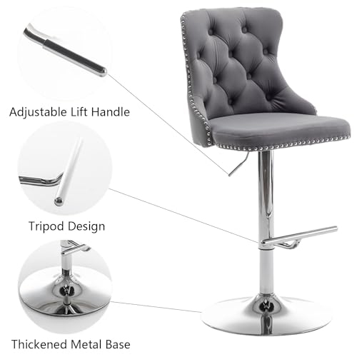 Grey Velvet Swivel Bar Stools Set of 2 for Kitchen Island, Pub, Club