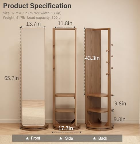 Walnut Mirror with Coat Rack for Bedrooms and Living Rooms