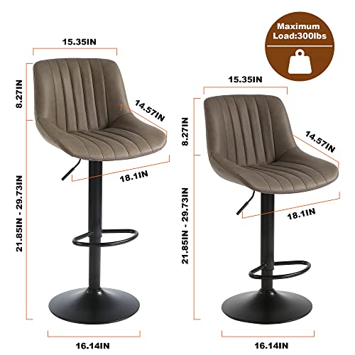 Set of 2 Adjustable Brown PU Swivel Bar Stools for Kitchen Island
