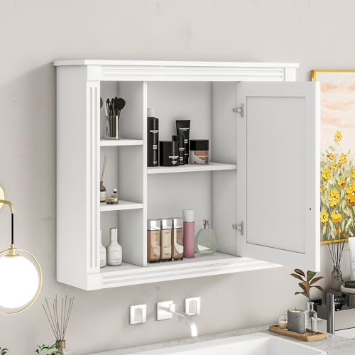 Modern Medicine Cabinet with Mirror and 6 Open Shelves for Bathroom and Kitchen, White
