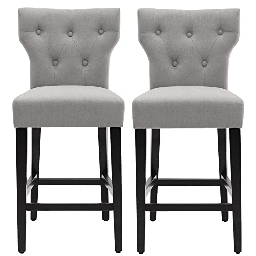 Set of 2 Gray Fabric Barstools with Wood Legs - 25 inch Counter Height for Home Use