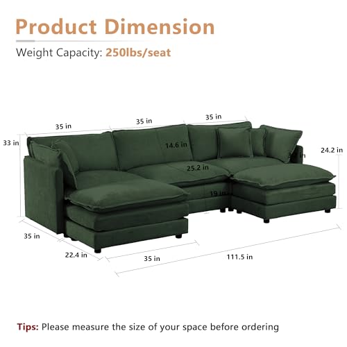 Modular Sectional Sofa for Living Room, 111.5 Inch U Shaped Couch Set with Ottoman