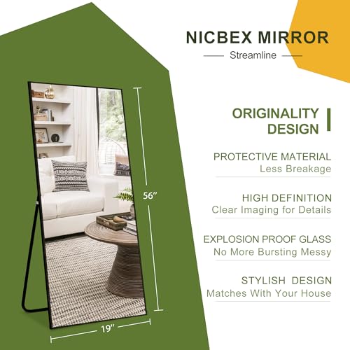 Full Length Mirror with Stand, 56x19 Aluminum Frame Floor Mirror, Black - for Bedroom and Living Room