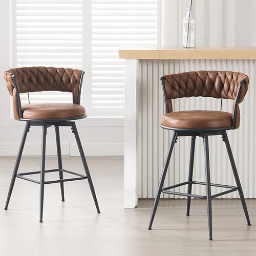 2-Pack 26 Bar Stool Set with Swivel Backrest and Footrest, Upholstered Brown