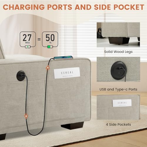 Multi-Functional L Shaped Sofa with USB Charging Ports, Storage Space, Beige Fabric - for ASHOMELI 99 audience