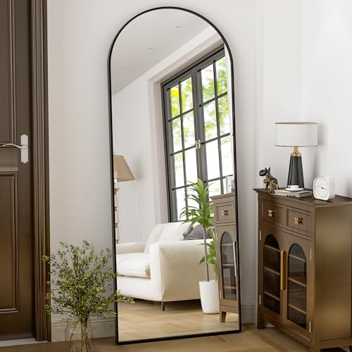 HARRITPURE 64x21 Arched Full Length Mirror - Free Standing or Wall-Mounted, Black Aluminum Frame for Living Room, Bedroom, and Cloakroom