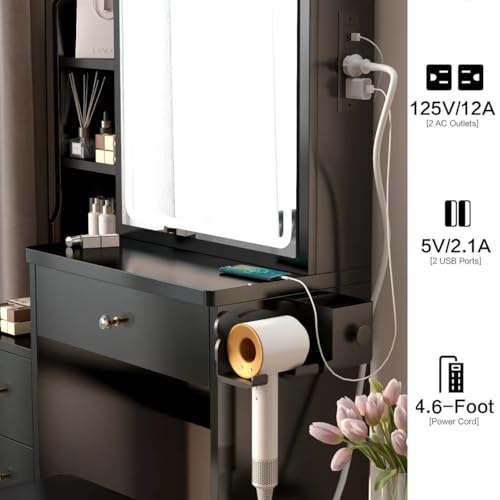 Modern Makeup Vanity Desk with Sliding Mirror, Lights, and Storage - Black