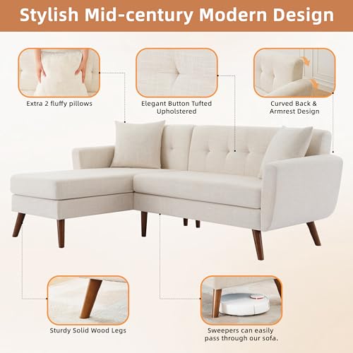 Mid-Century Modern L-Shaped Sofa with Chaise Lounge for Living Room and Bedroom
