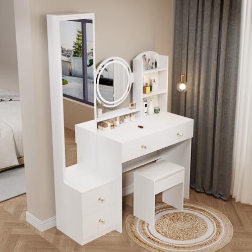 Makeup Vanity Set with Mirror and Storage for Teenagers in White