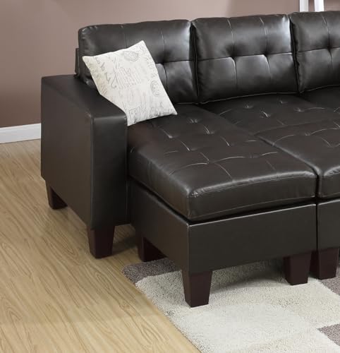 Classic Leather Reversible Sectional Sofa with Tufted Ottoman Chaise