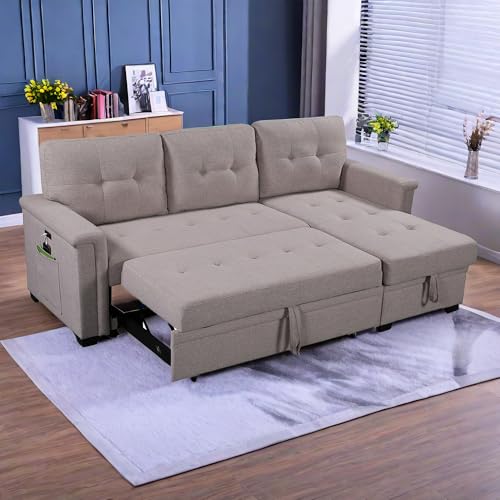 Pink Small Sectional Sofa Bed with Storage Chaise and USB Ports for Living Room or Bedroom