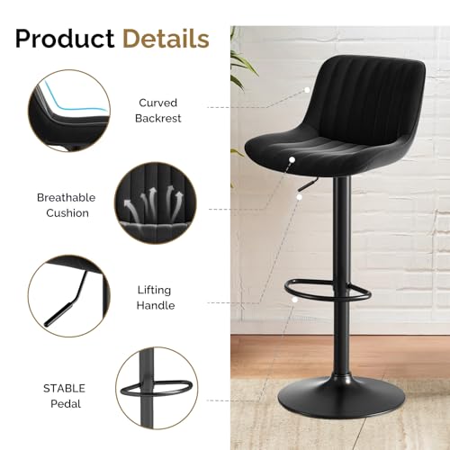 2 Black Swivel Kitchen Bar Stools - Adjustable Height & Modern Design