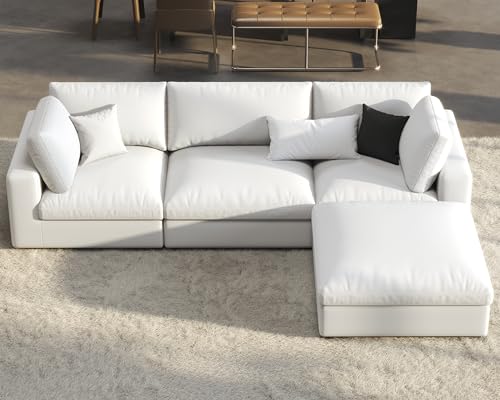 Comfy White Linen Modular L Shaped Sofa - 4 Seats with Ottoman