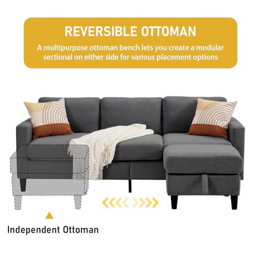 L Shaped Modular Couch for Living Room or Apartment, 3 Seat, 74inch, Dark Grey